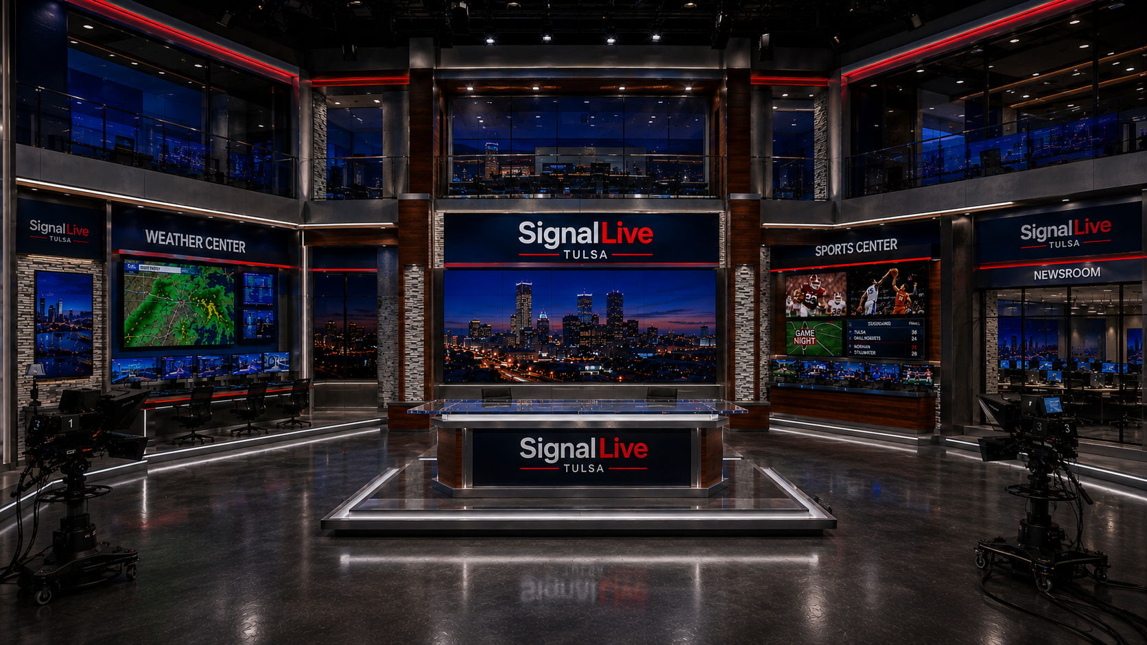 SignalLive Tulsa virtual studio: anchor desk, Tulsa skyline video wall, weather center and sports center